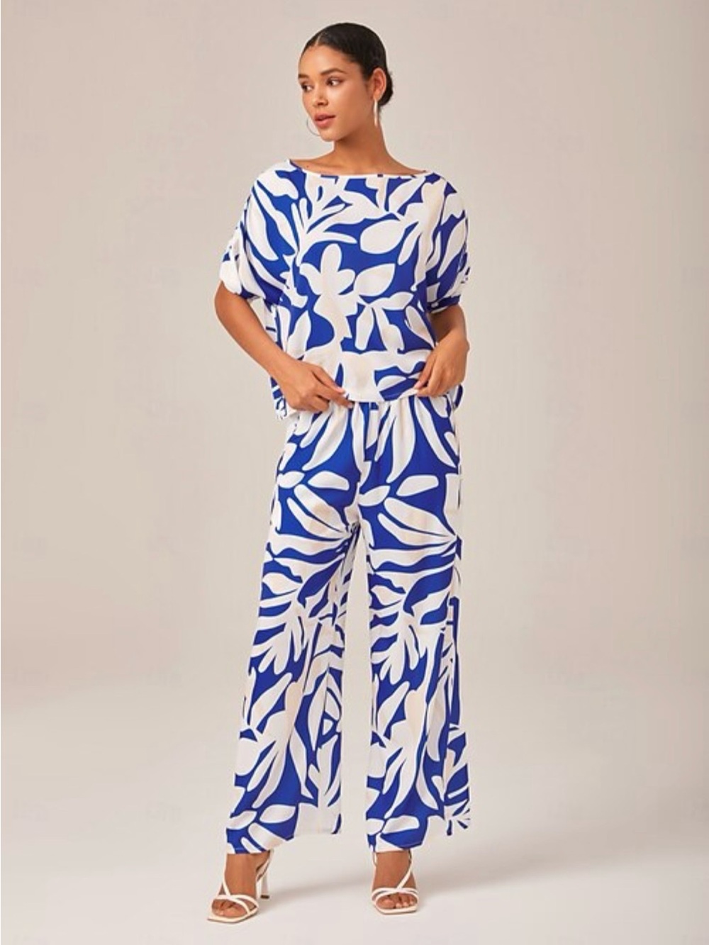 ADOR Satin Floral Slash Neck Shirt Sleeve Two Piece Resort Vacation Set Large